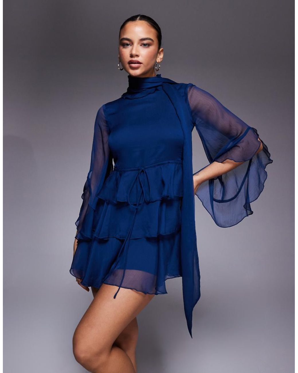 Bardot Blue Norah Chiffon High Neck Ruffle Detail Tiered Mini Dress