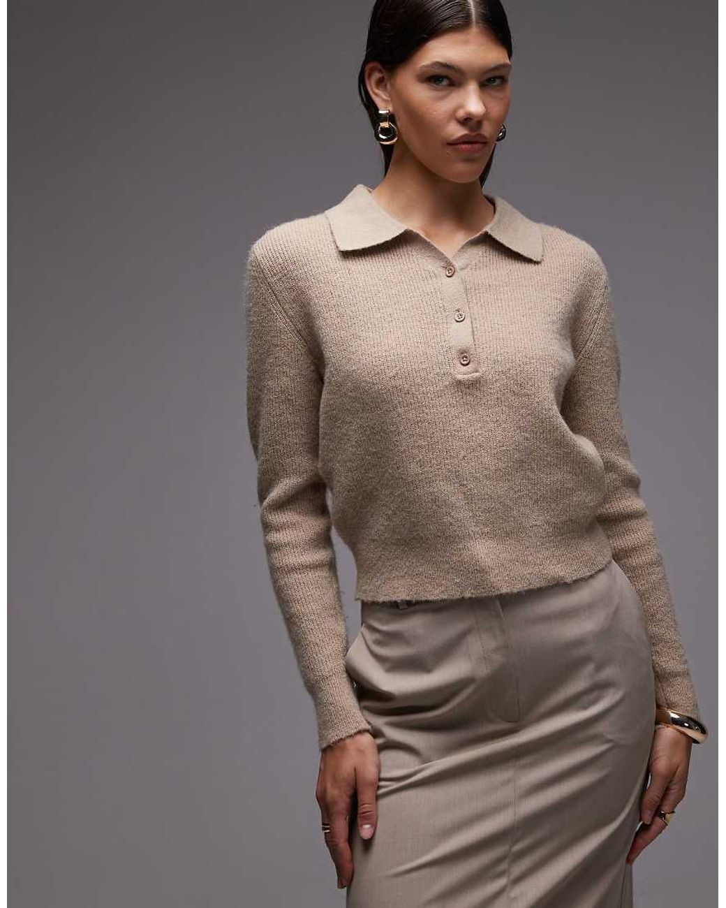 ASOS Natural Knitted Relaxed Collar Henley Jumper
