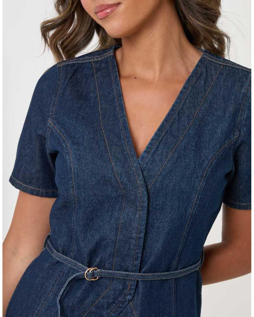 Threadbare Blue Denim Belted Short Sleeve Top
