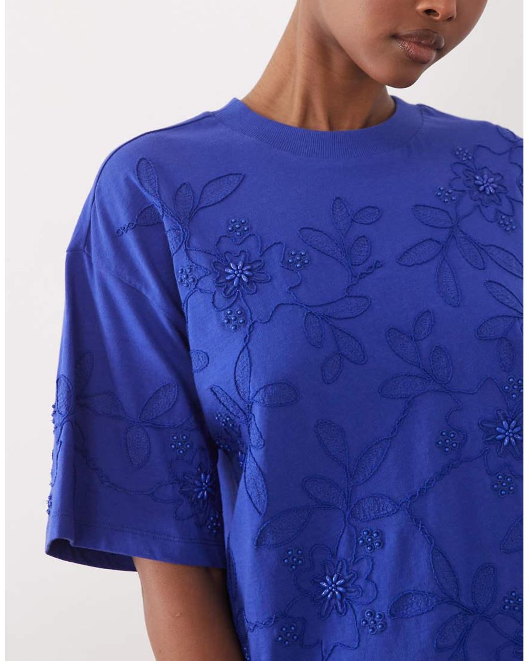 ASOS Blue Boxy Tee With Embroidered Flowers