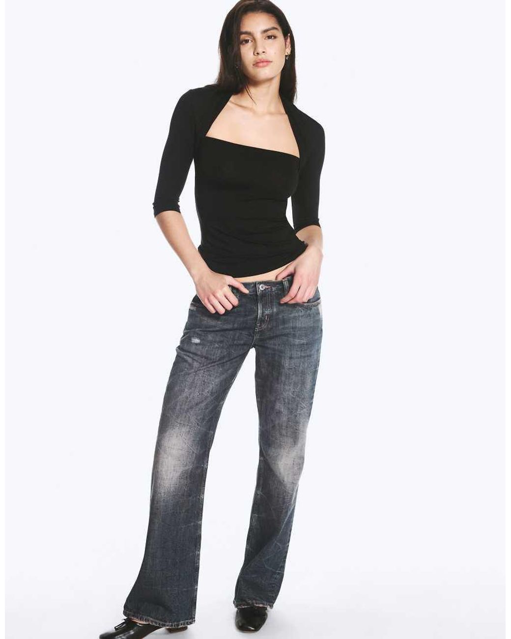 Weekday Black Square Neck 3/4 Length Sleeve Top