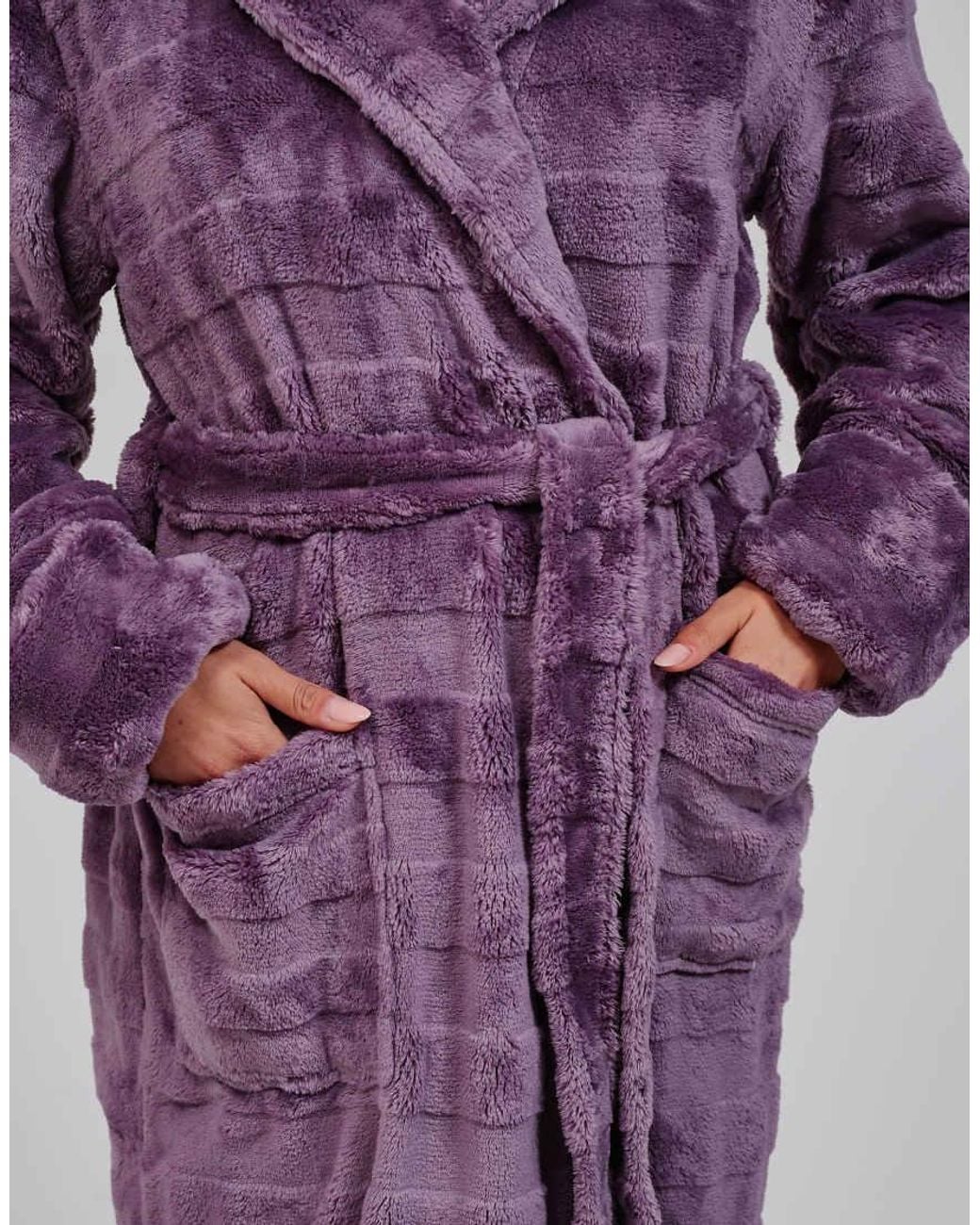 Loungeable Purple Embossed Stripe Luxury Fleece Maxi Hooded Dressing Gown