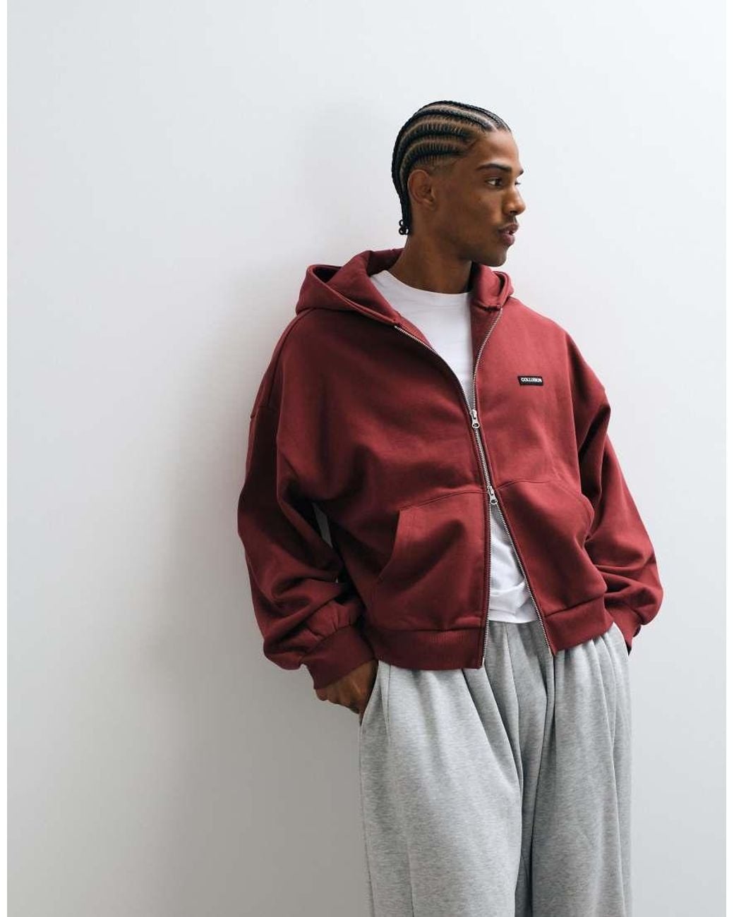 Collusion Red Heavyweight Zip Through Oversized Hoodie for men