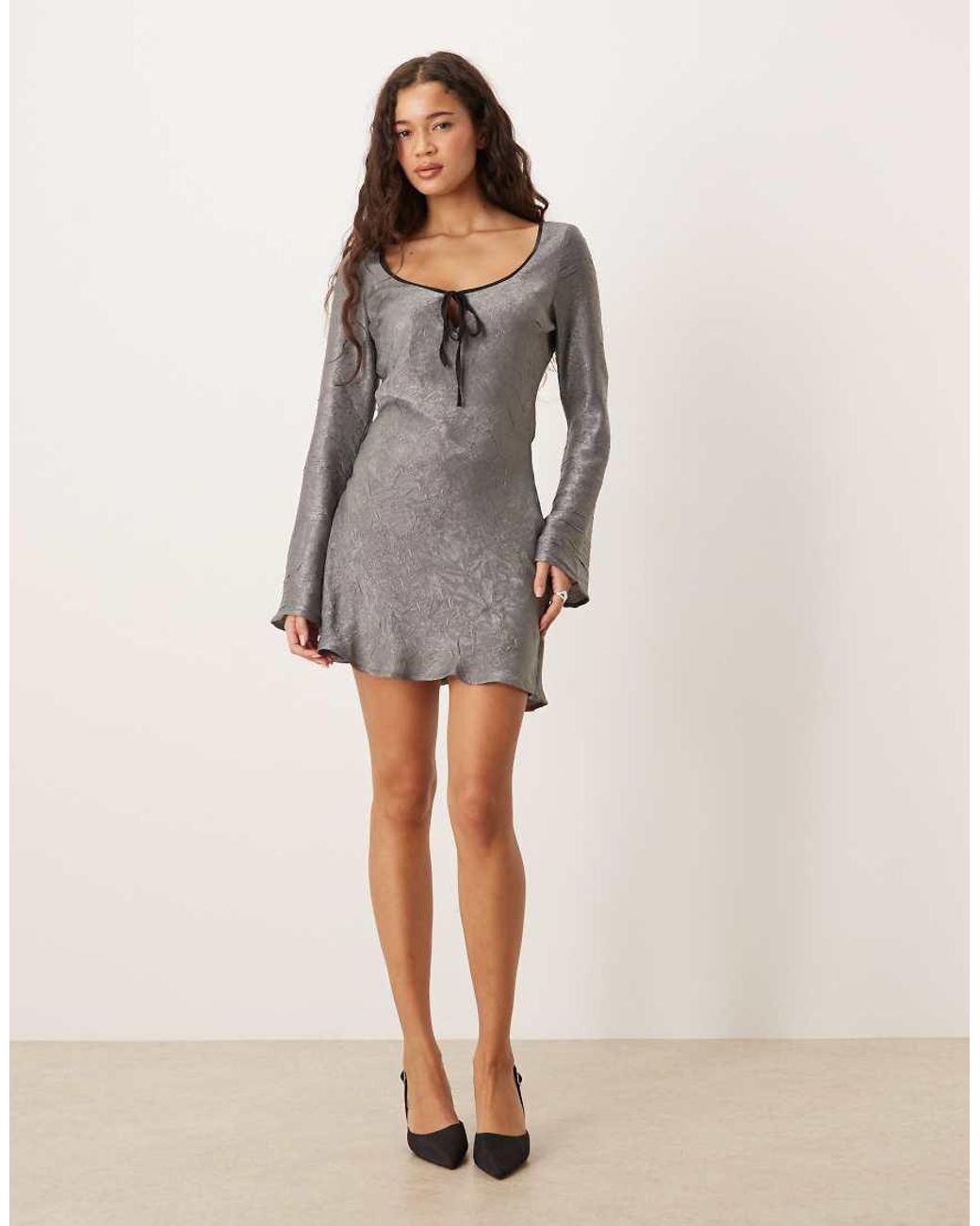 ASOS Gray Satin Long Sleeve Scoop Neck Swing Dress