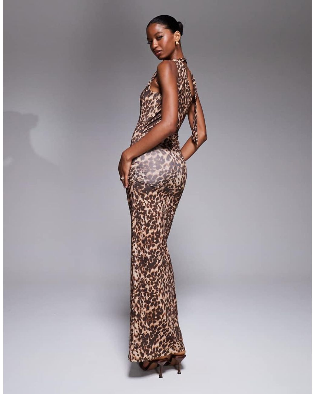 New Look Leopard Print Slinky Bow Neck Midi Dress in Brown | Lyst UK