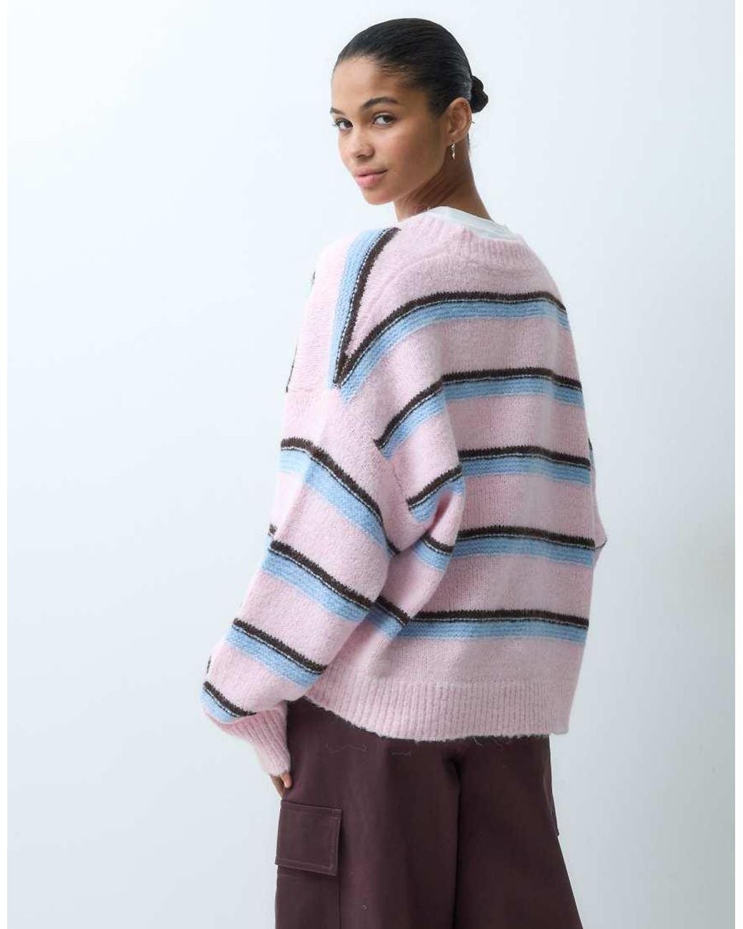 Miss Selfridge White Stripe Fluffy Edge To Edge Cardigan