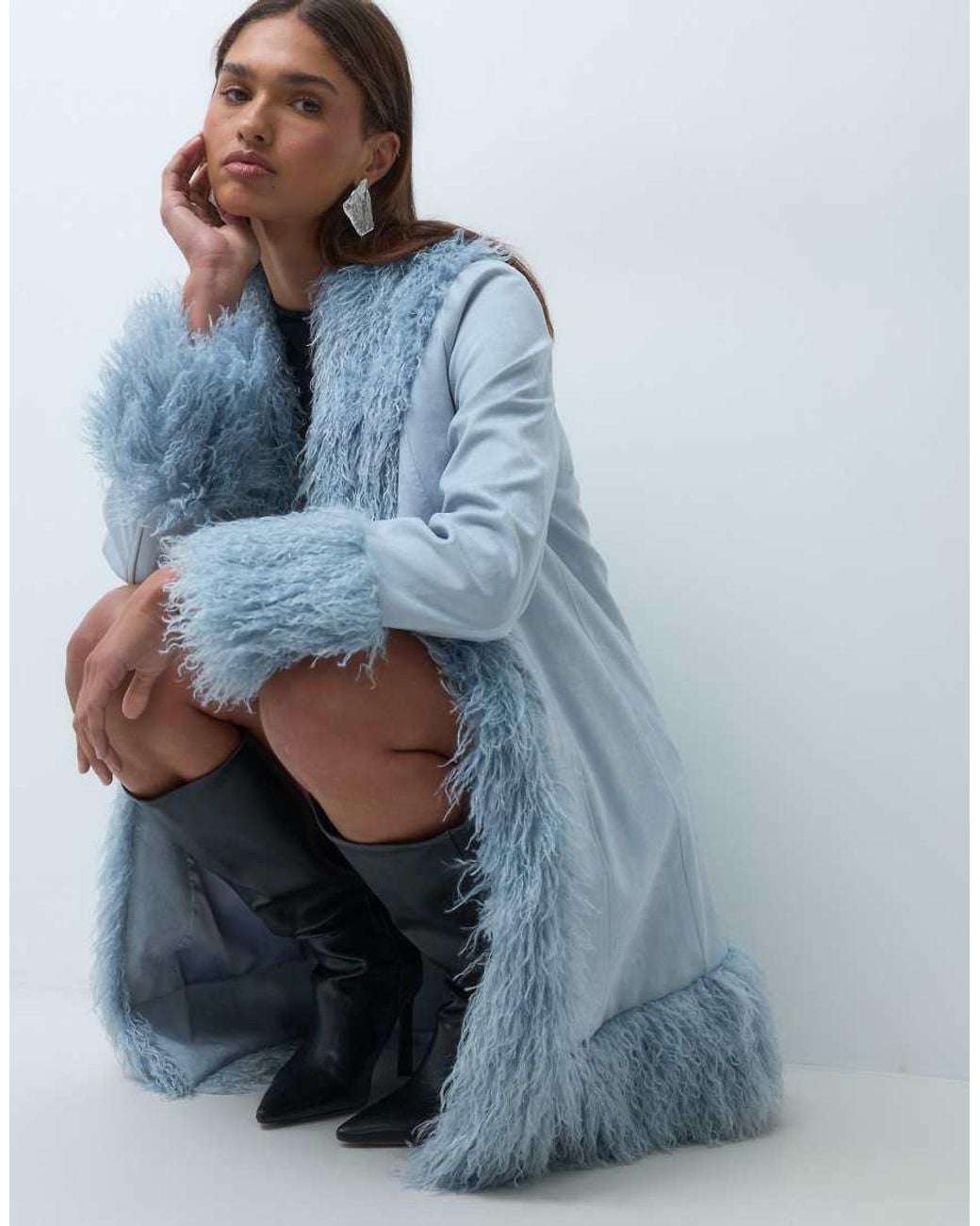 The Frolic Blue Exclusive Faux Fur Trim Penny Lane Maxi Coat
