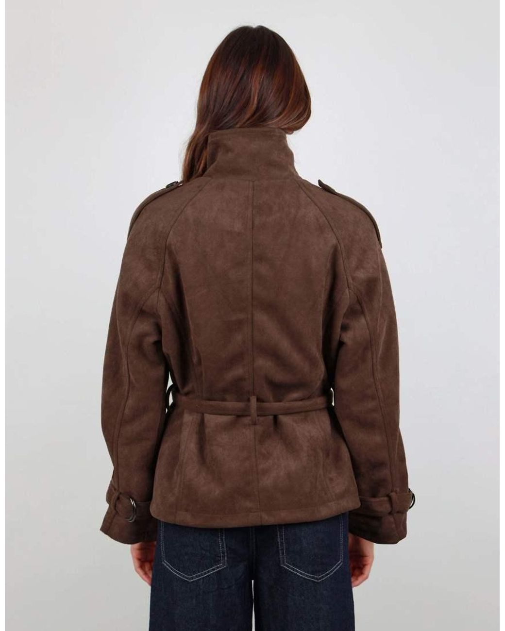 SIMMI Brown Faux Suede Funnel Collar Trench Coat