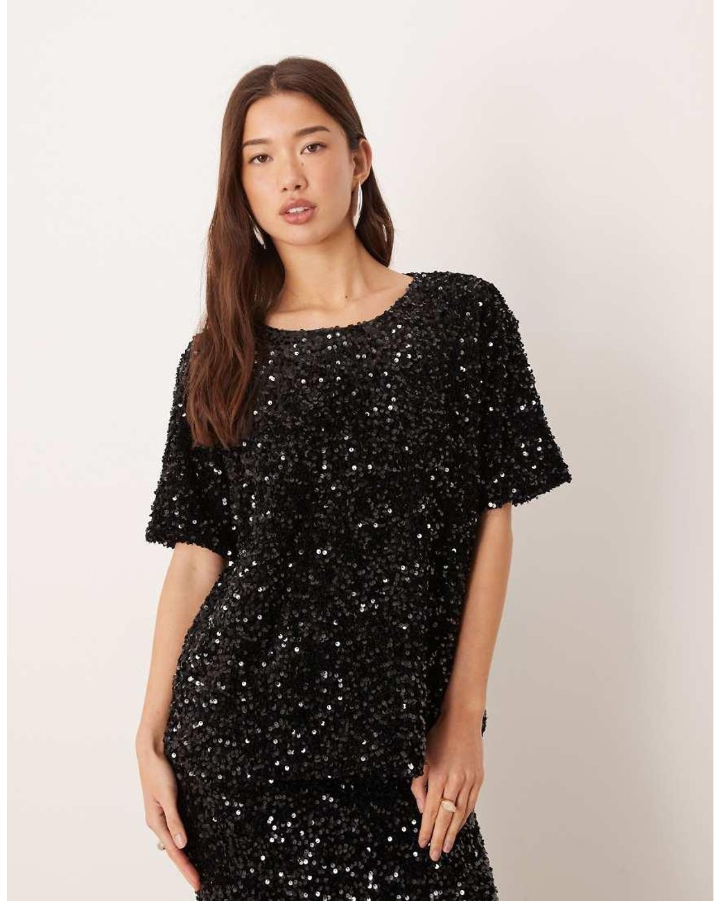Vila Black Sequin & Velour T-shirt Co-ord