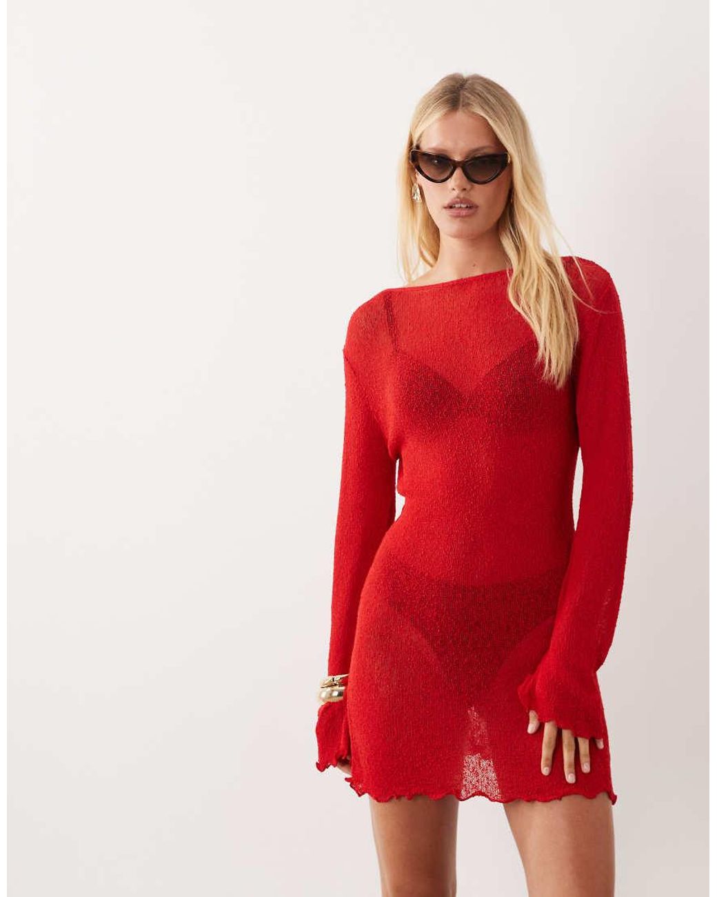ASOS Red Beach Knitted Boucle Scoop Back Mini Dress