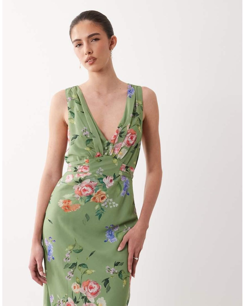 Hope & Ivy Green V Neck Button Front Maxi Dress With Tie Waist