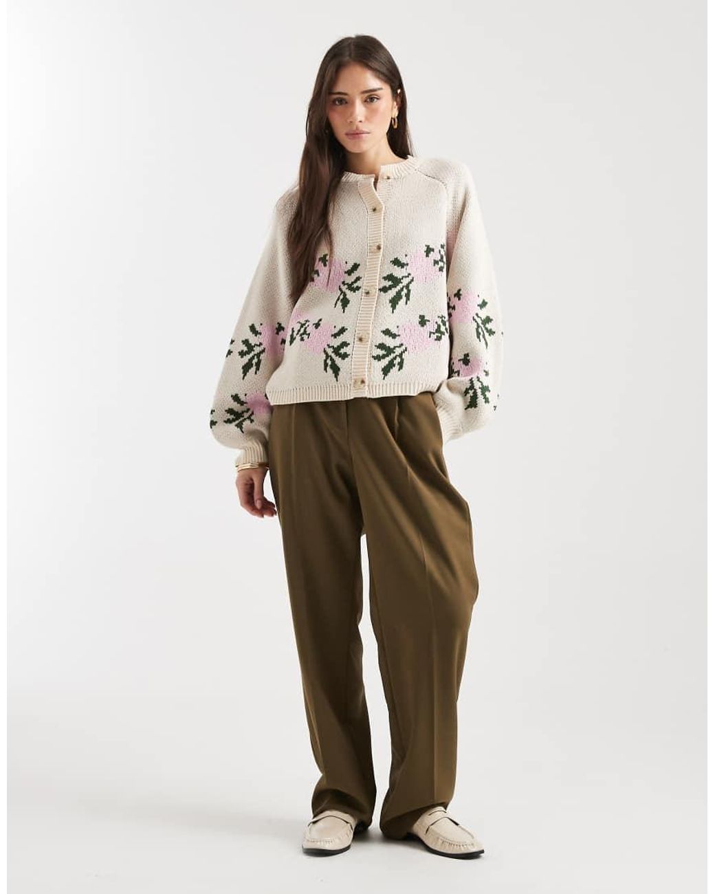 Miss Selfridge Natural Floral Crew Neck Oversized Cardigan