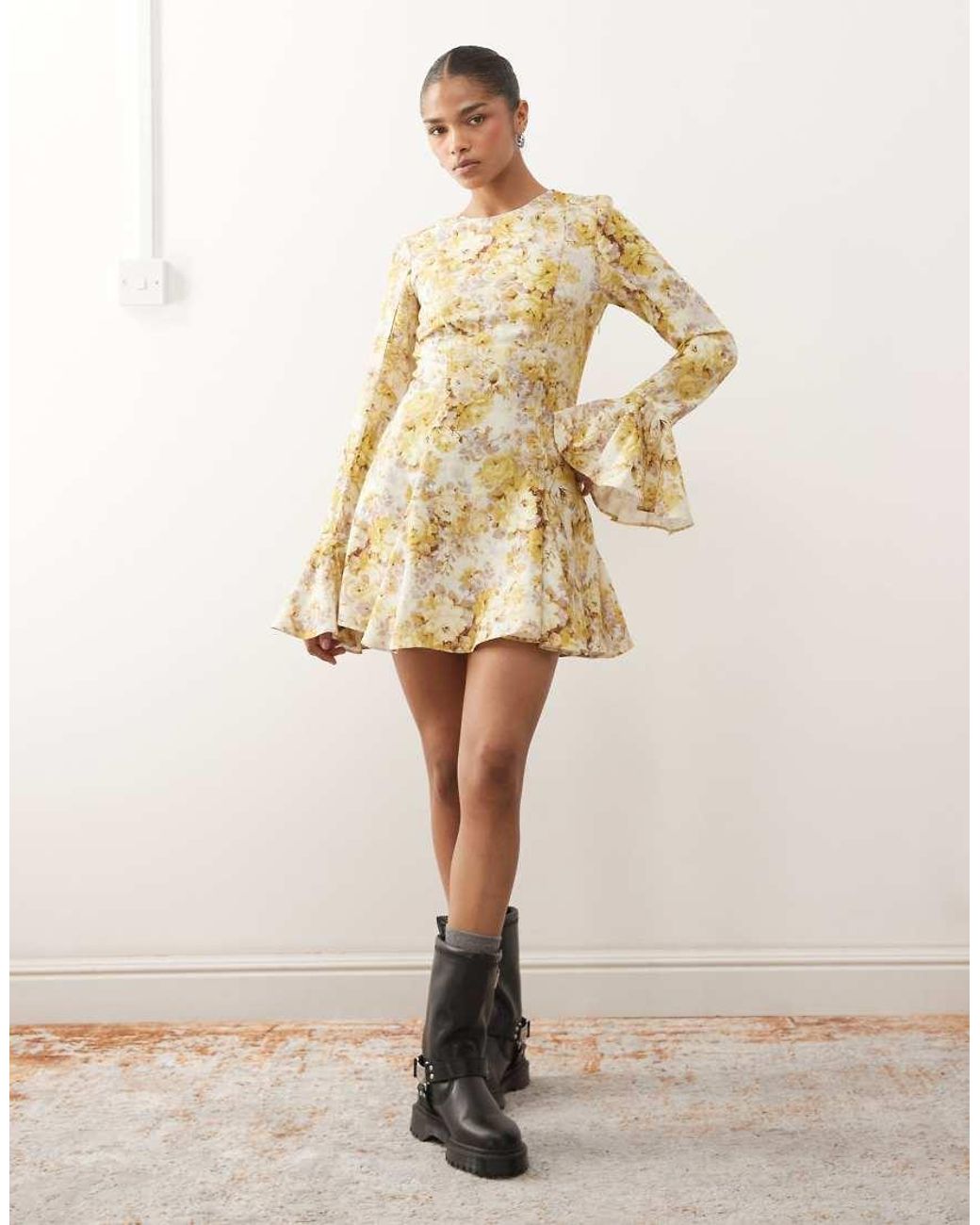 Monki Natural Floaty Long Sleeve Mini Dress