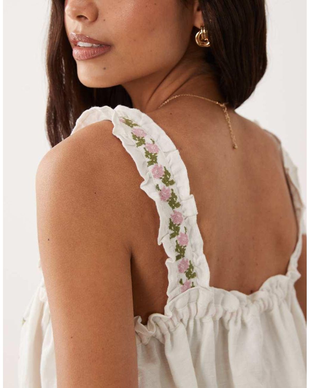 Muse Assembly Natural Mary Embroidered Smock Mini Dress