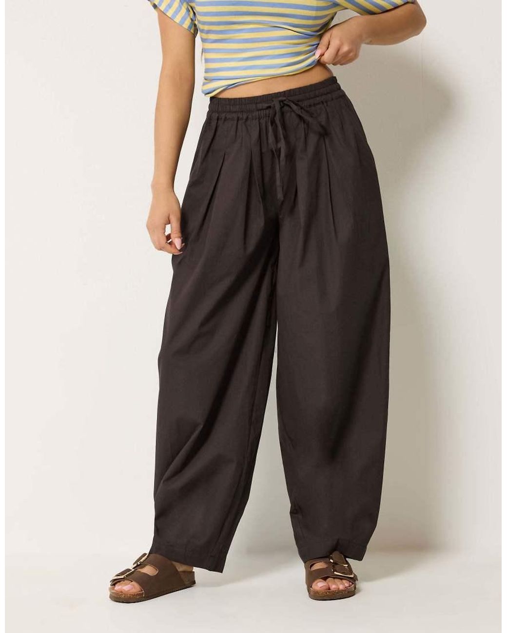 PixieGirl Brown Petite Poplin Cotton Barrel Leg Trousers
