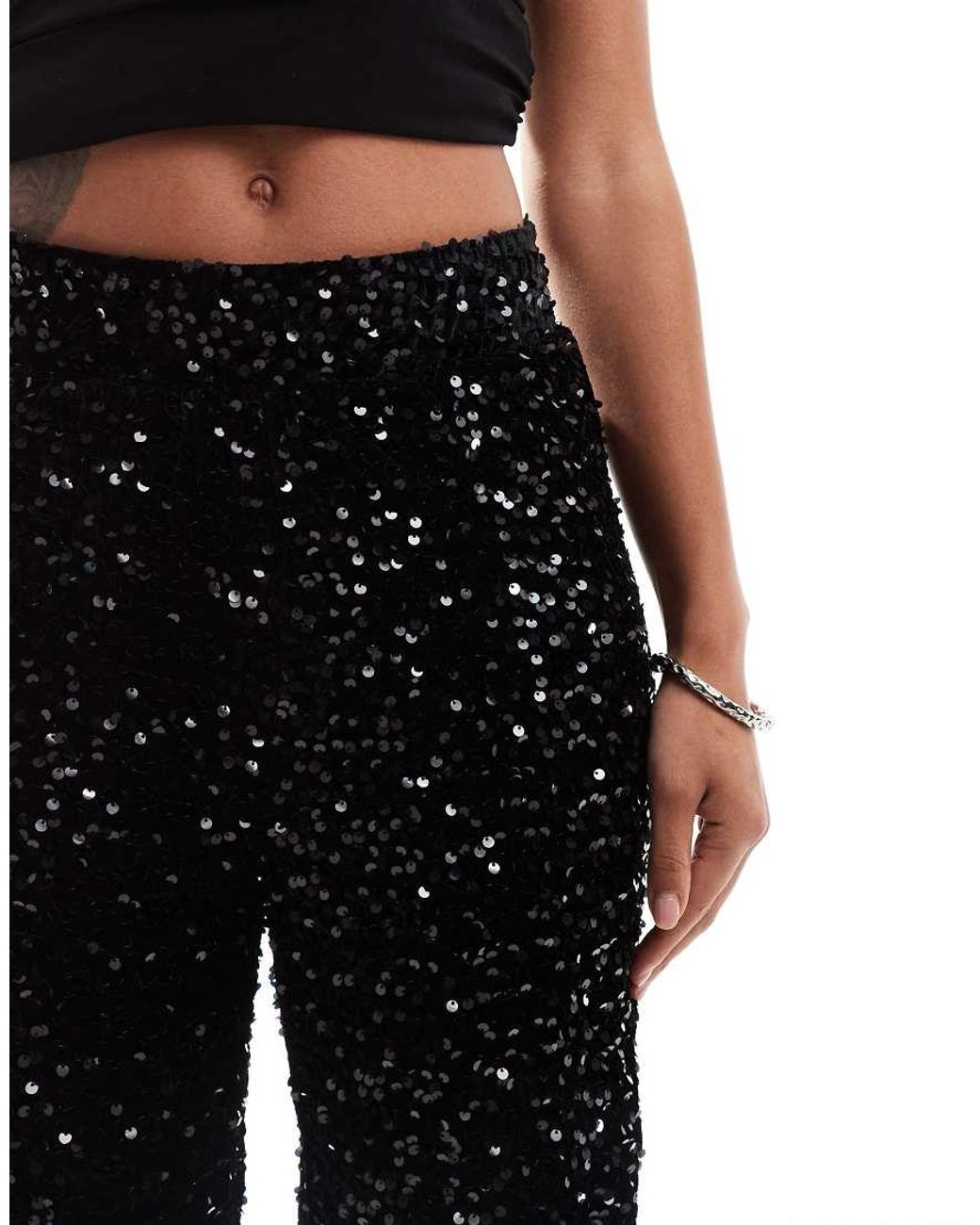 Pieces Wide Leg Velour Sequin Trousers in Black Lyst UK