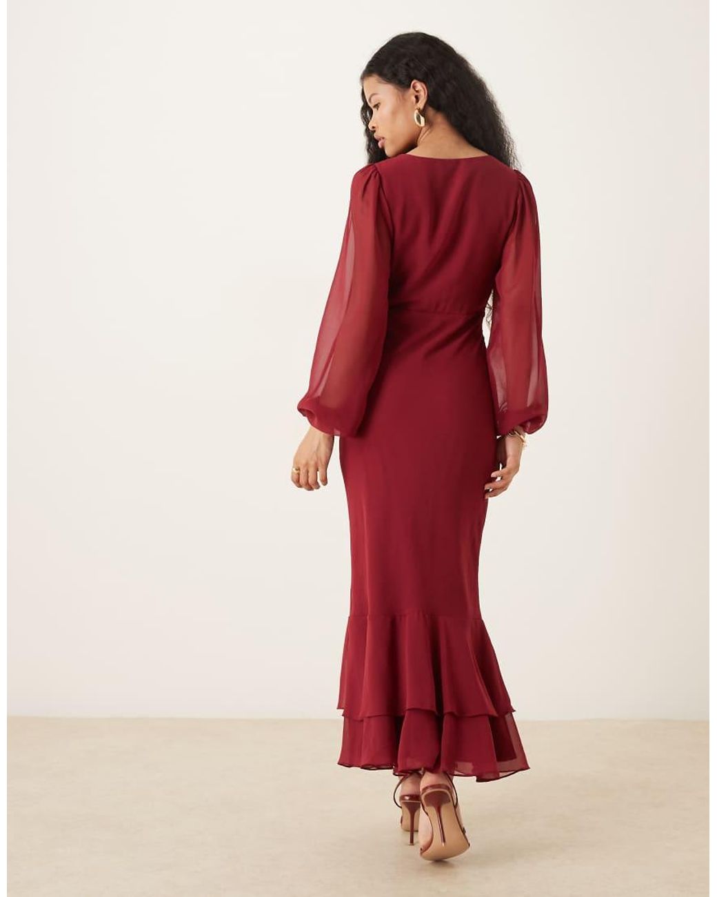 LACE & BEADS Red Long Sleeve Ruffle Hem Maxi Dress