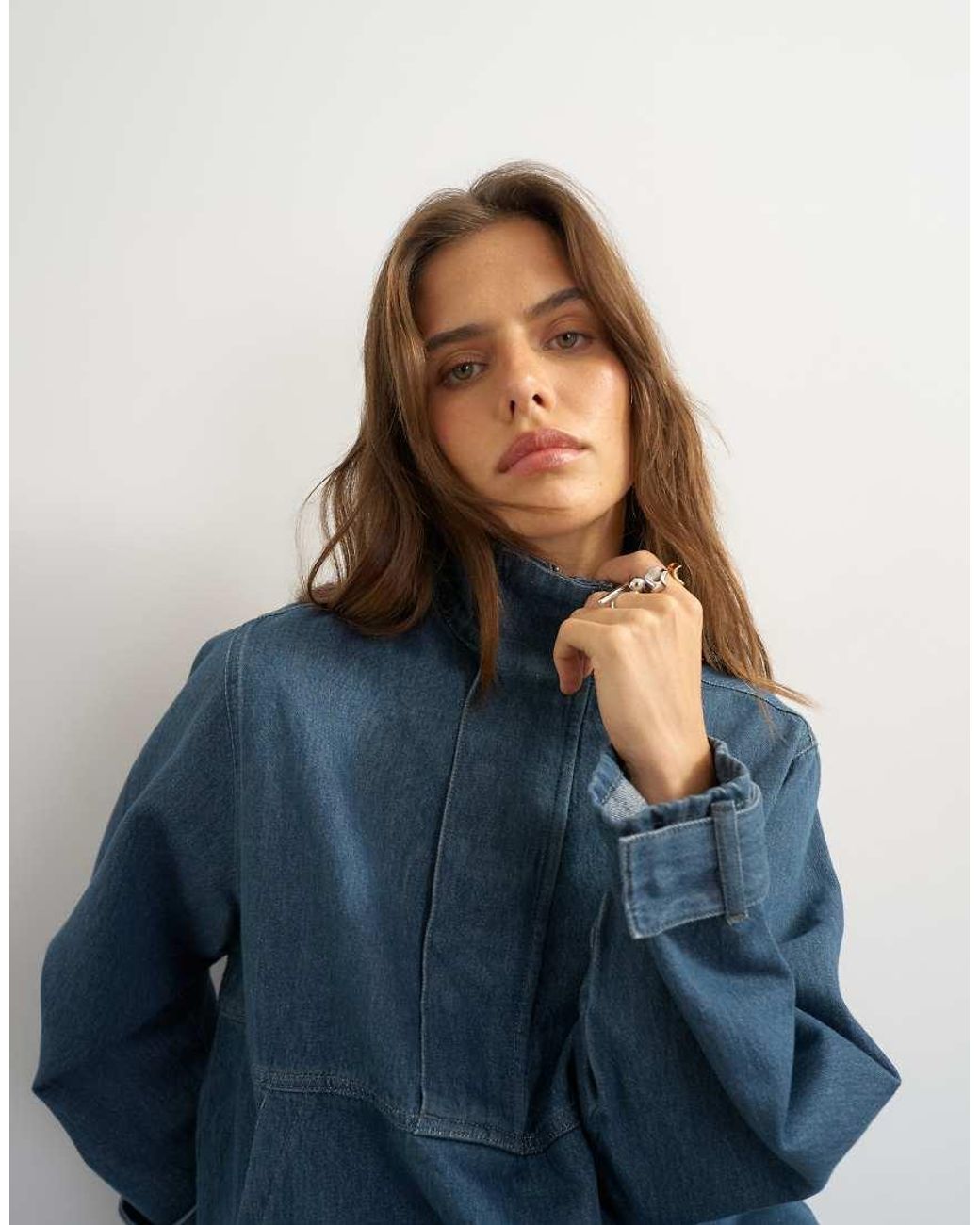 TOPSHOP Blue Denim Funnel Neck Bubble Hem Top