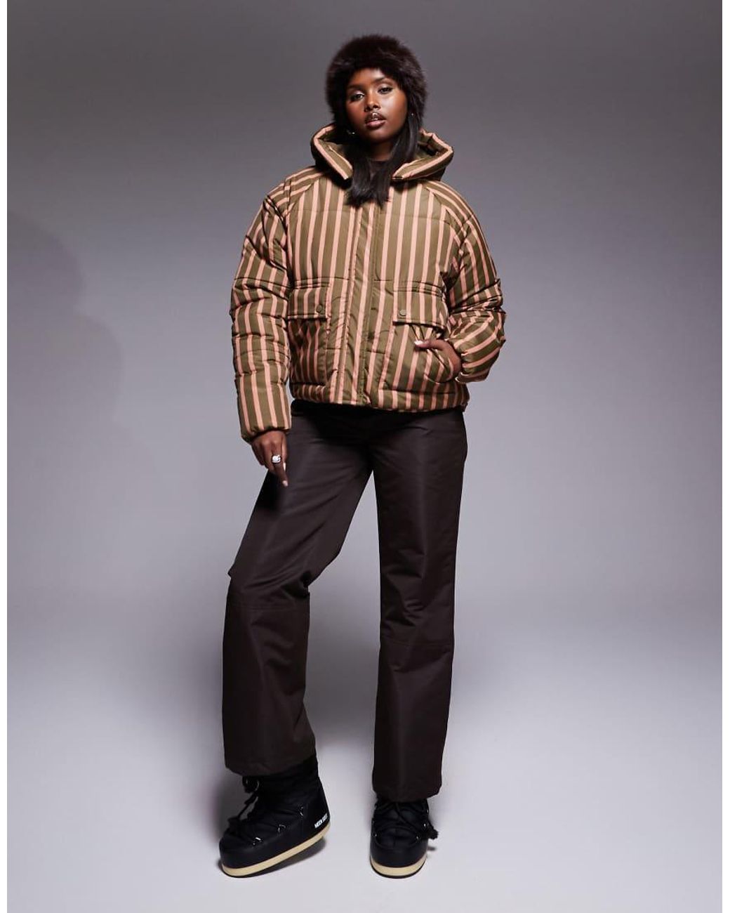 Threadbare Pink Ski Striped Puffer Coat With Hood