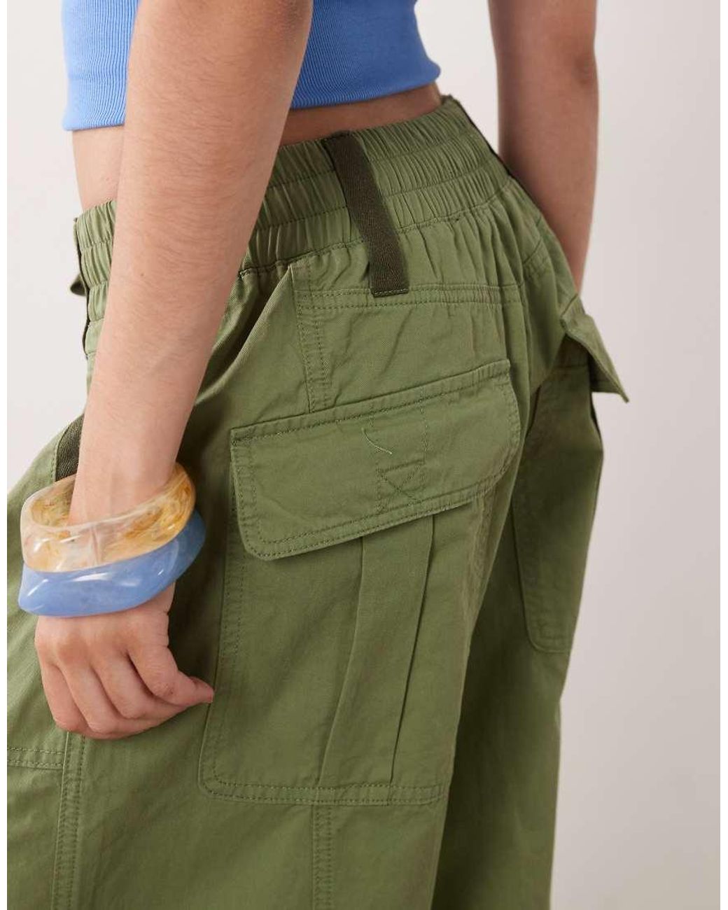 Lioness Green Fever Cotton Shirred Tie Waist Wide Leg Utility Trousers