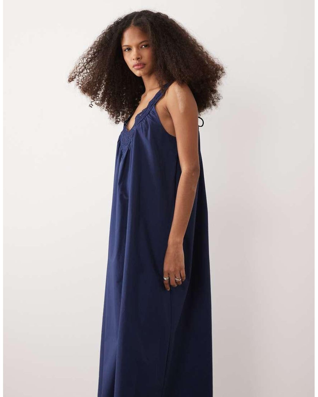 ASOS Blue V Neck Smock Poplin Maxi Sundress With Lace Overlay