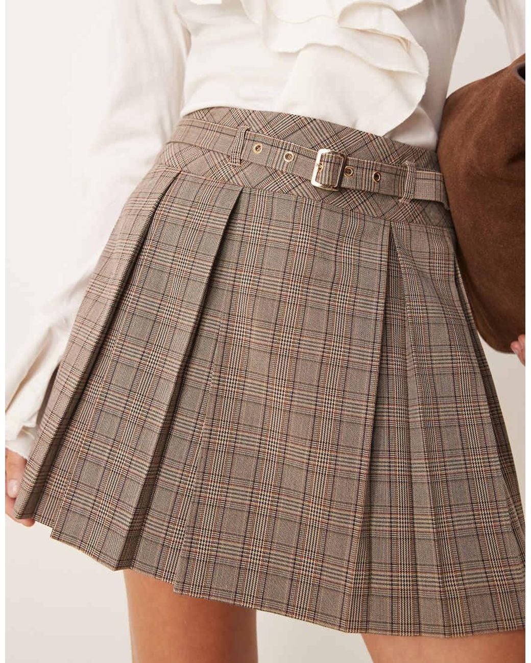 New Look Check Pleated Mini Skirt With Belt in Natural | Lyst UK