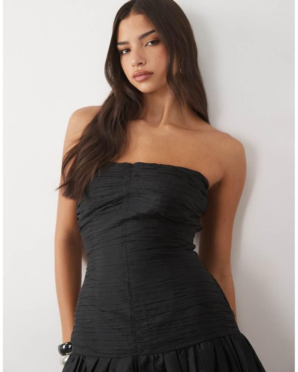 LACE & BEADS Black Taffeta Strapless Drop Waist Bubble Hem Maxi Dress