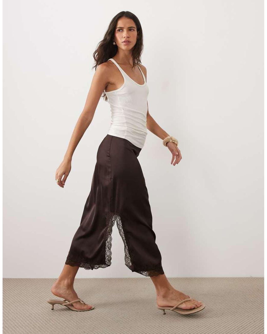 Vila Natural Lace Trim Satin Midi Skirt