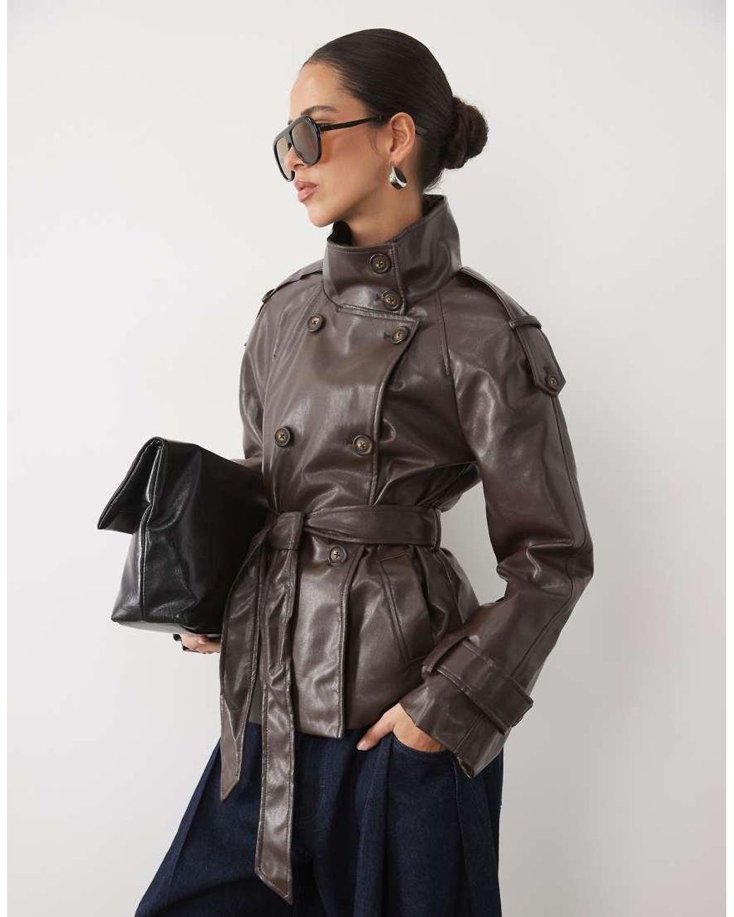 New Look Gray Faux Leather Funnel Neck Mac