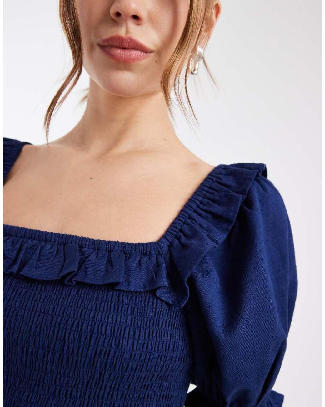 New Look Blue Shirred Frill Trim Midi Dress