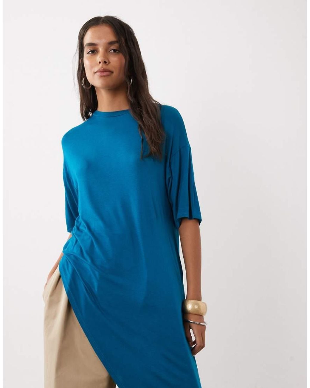 ASOS Blue Crew Neck Asymmetric Ruffle Hem Top