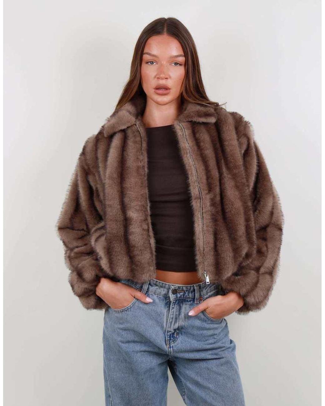 SIMMI Brown Faux Fur Tonal Cropped Bomber