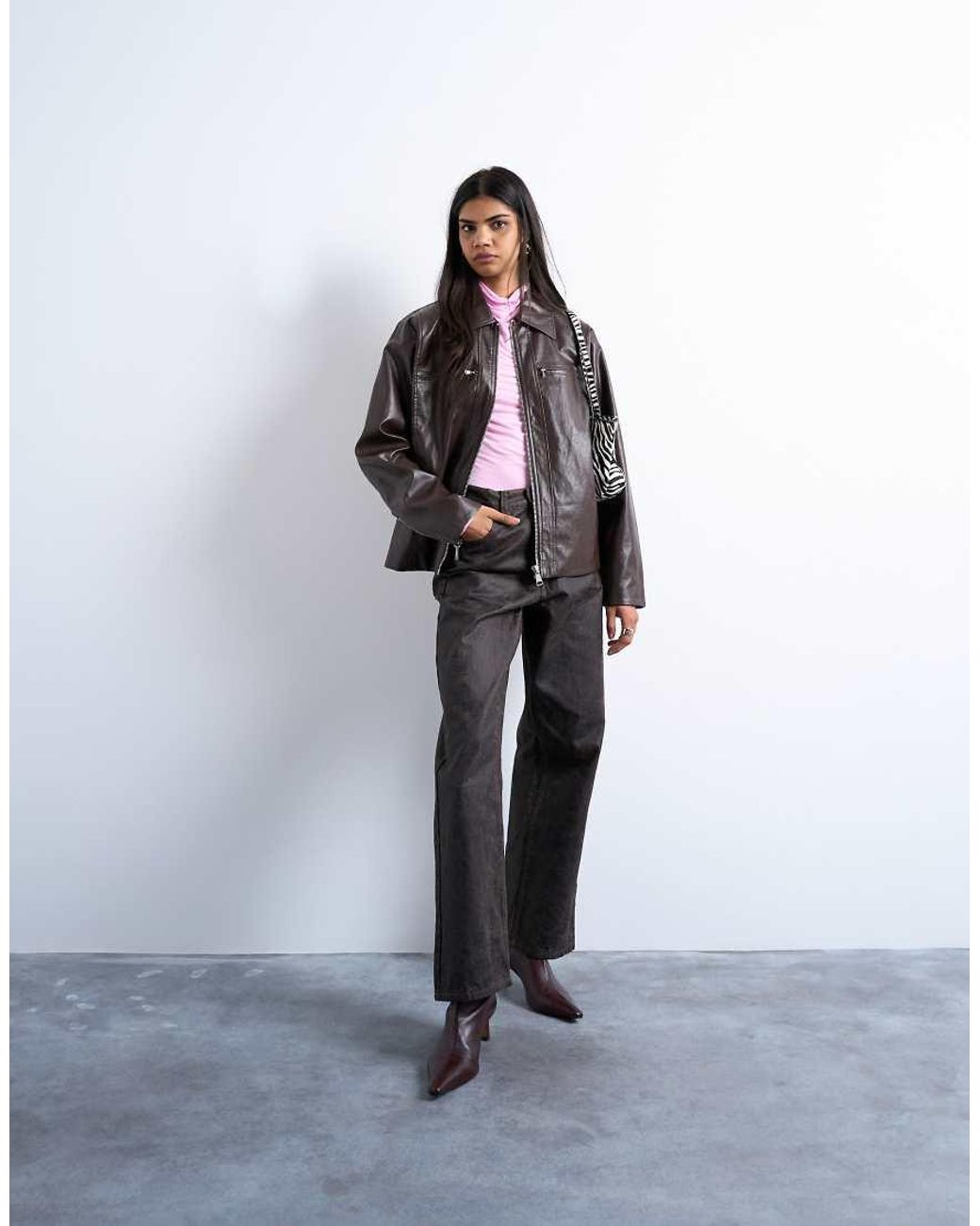 TOPSHOP Brown Faux Leather Clean Zip Through Jacket
