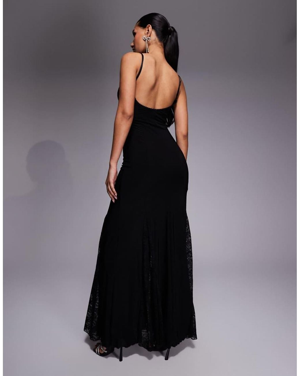 Fashionkilla Black Exclusive Slinky Lace Goget Detail Low Back Cami Maxi Dress