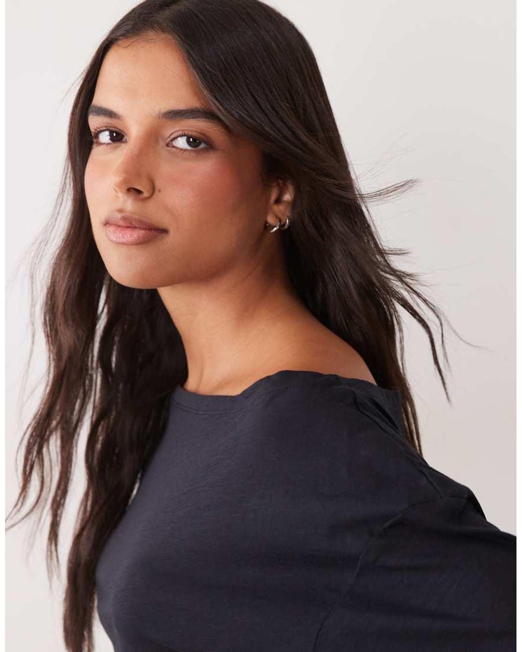 4505 Black Quick Dry Cotton Slub Texture Off The Shoulder Crop T-shirt