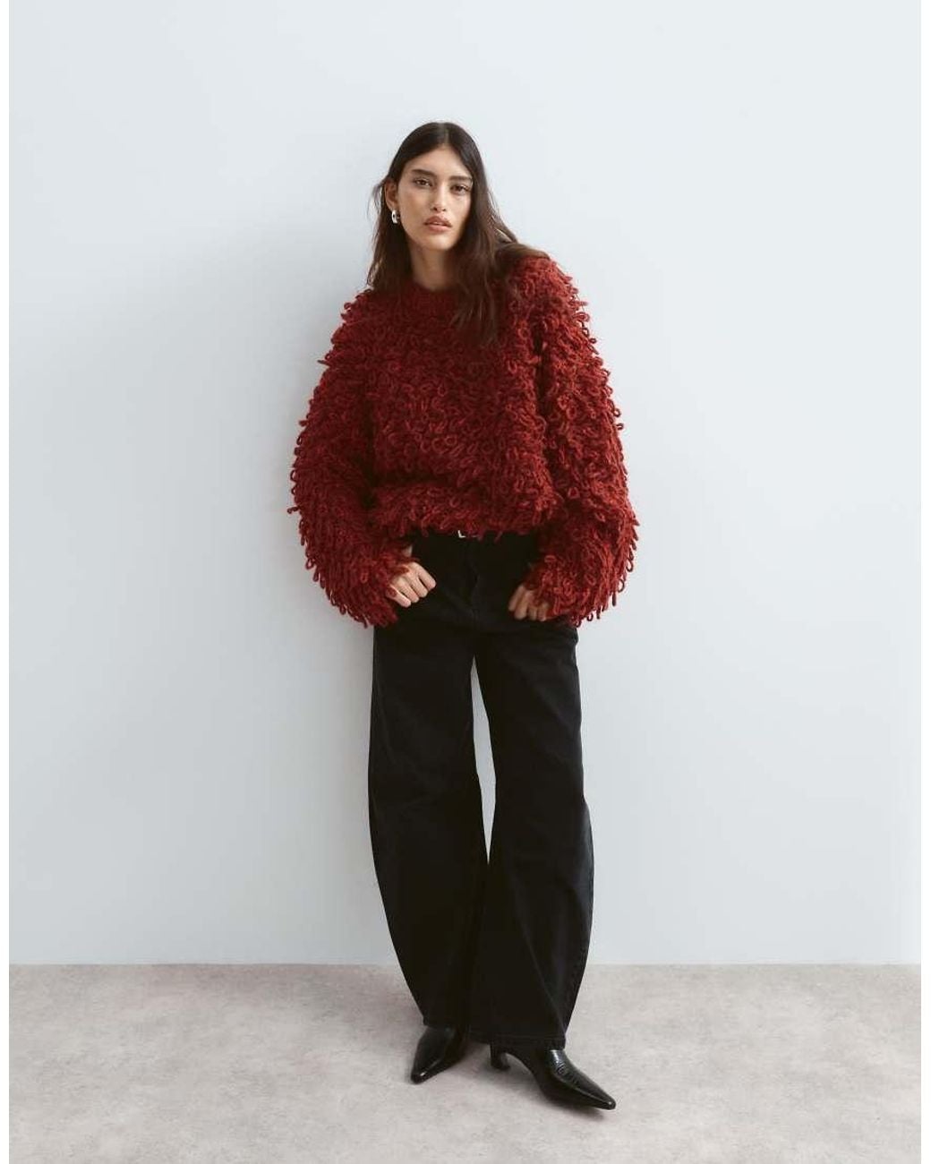 ARRANGE Red Wool Blend Hand Knit Ultimate Loop Fringe Sweater