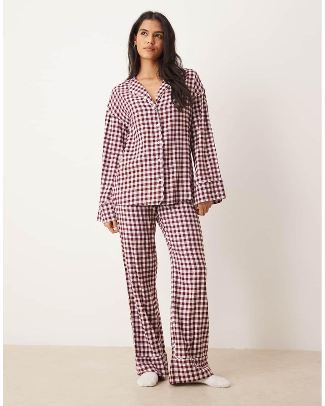 Gina Tricot Red Mix And Match Flannel Pyjamas Long Sleeve Shirt
