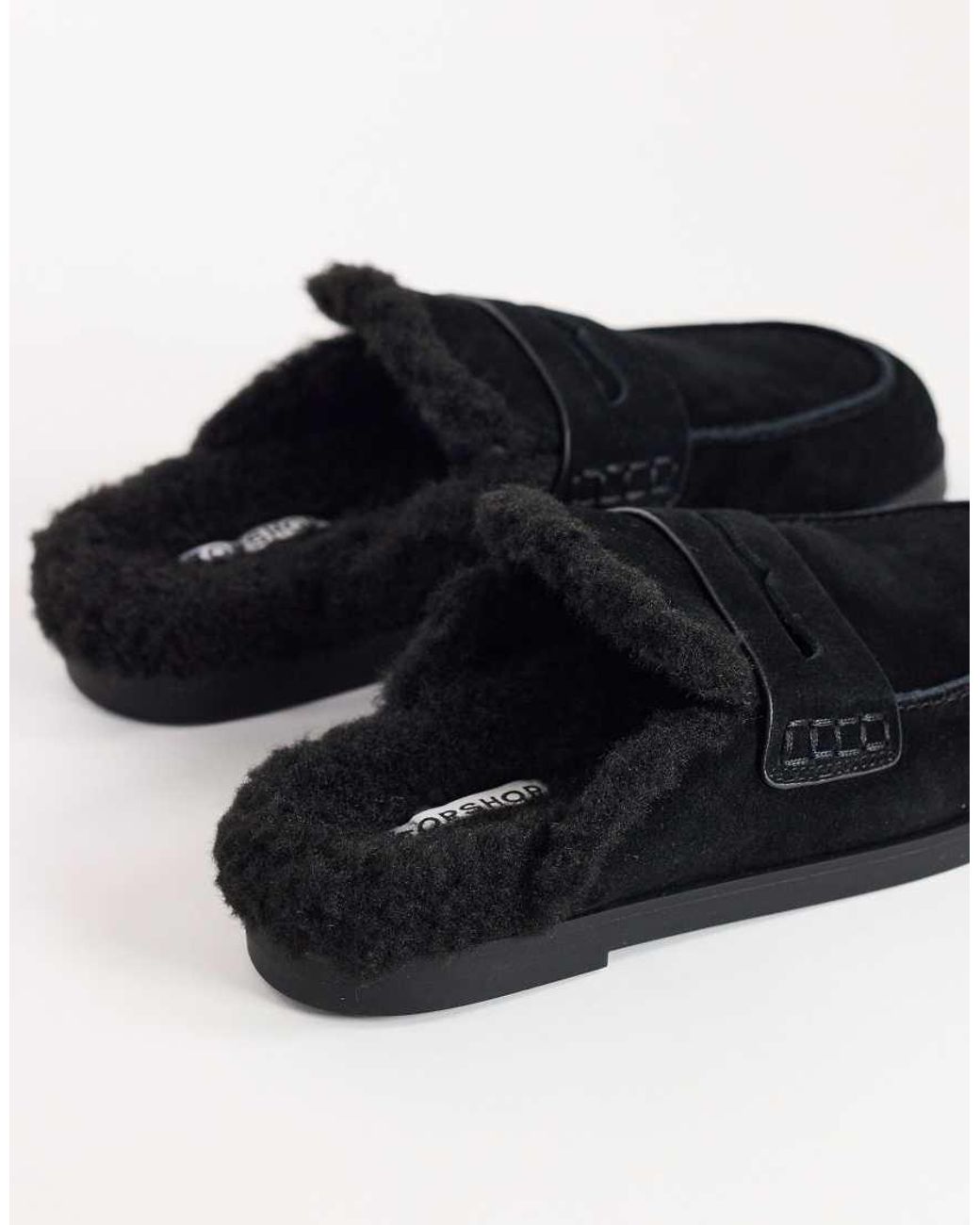 TOPSHOP Black Addie Real Suede Mule Loafer With Shearling