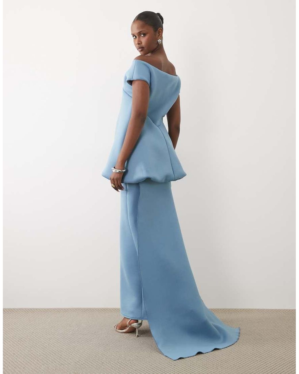ASOS Blue Bardot Maxi Dress With Train & Bubble Bodice