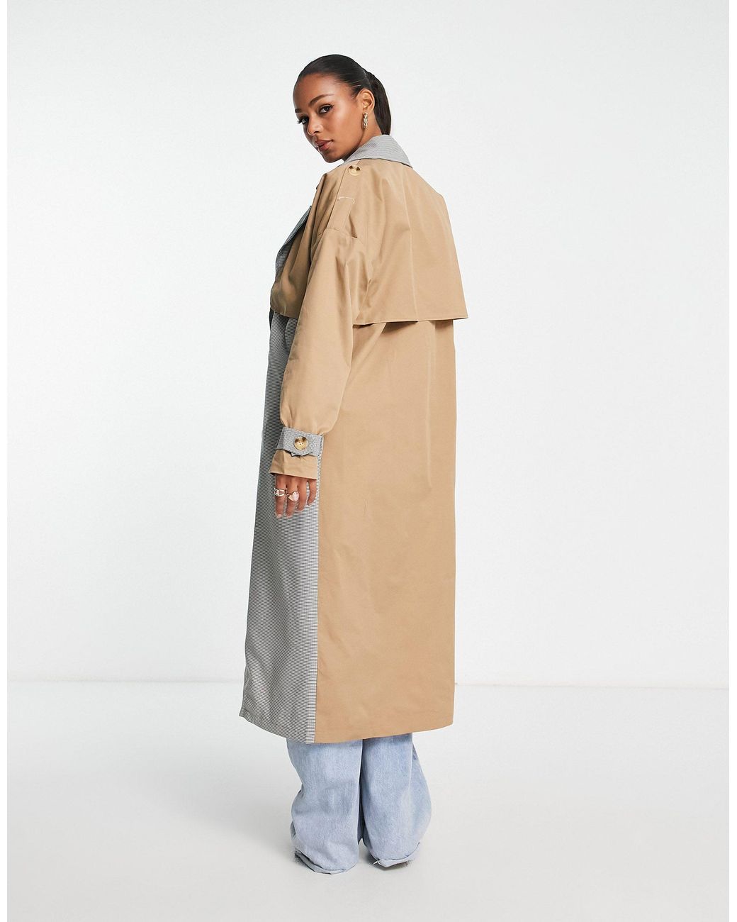 Missguided Contrast Check Spliced Trench Coat in White Lyst