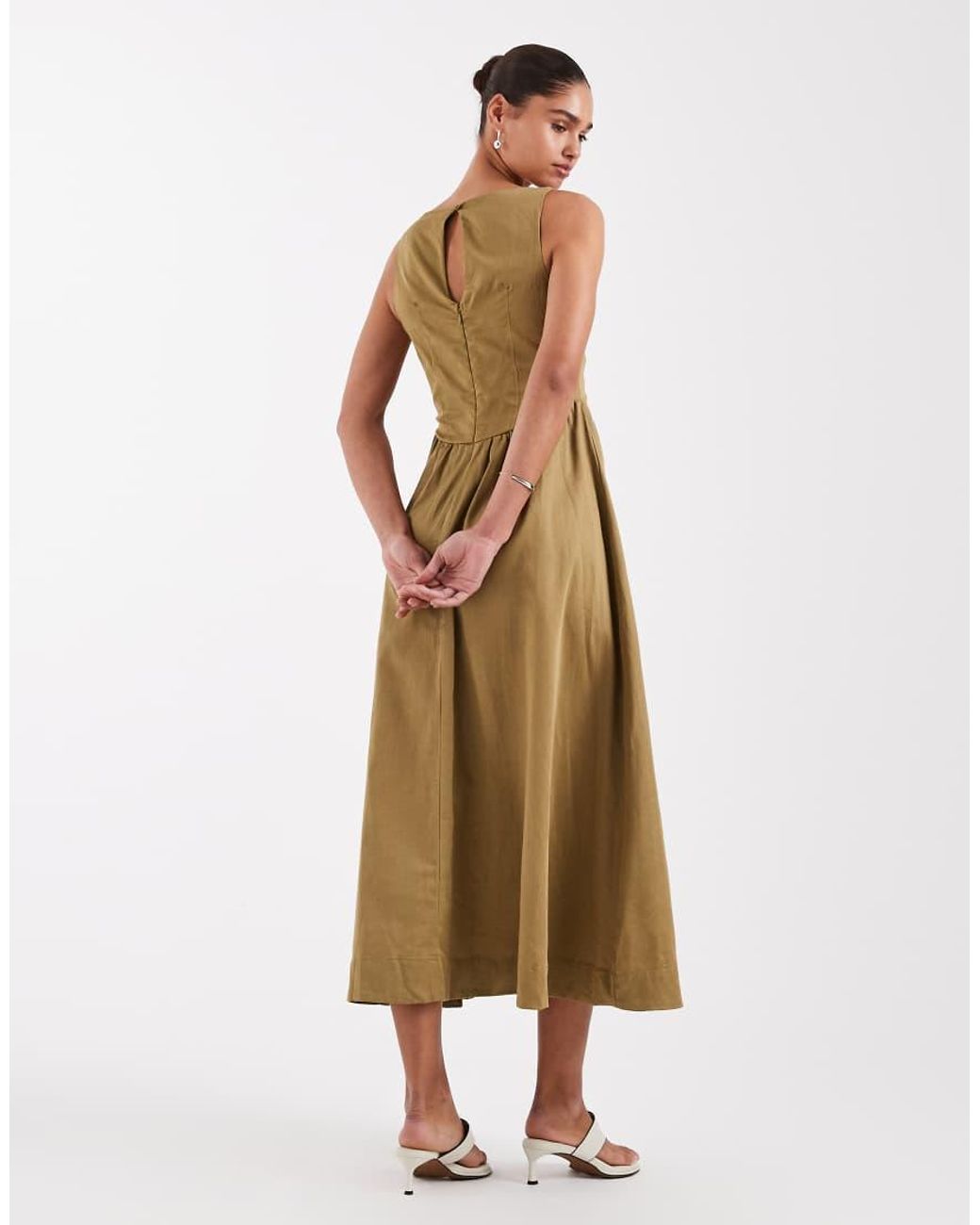 ASOS Natural Waisted V Neck Maxi Dress With Seaming Details