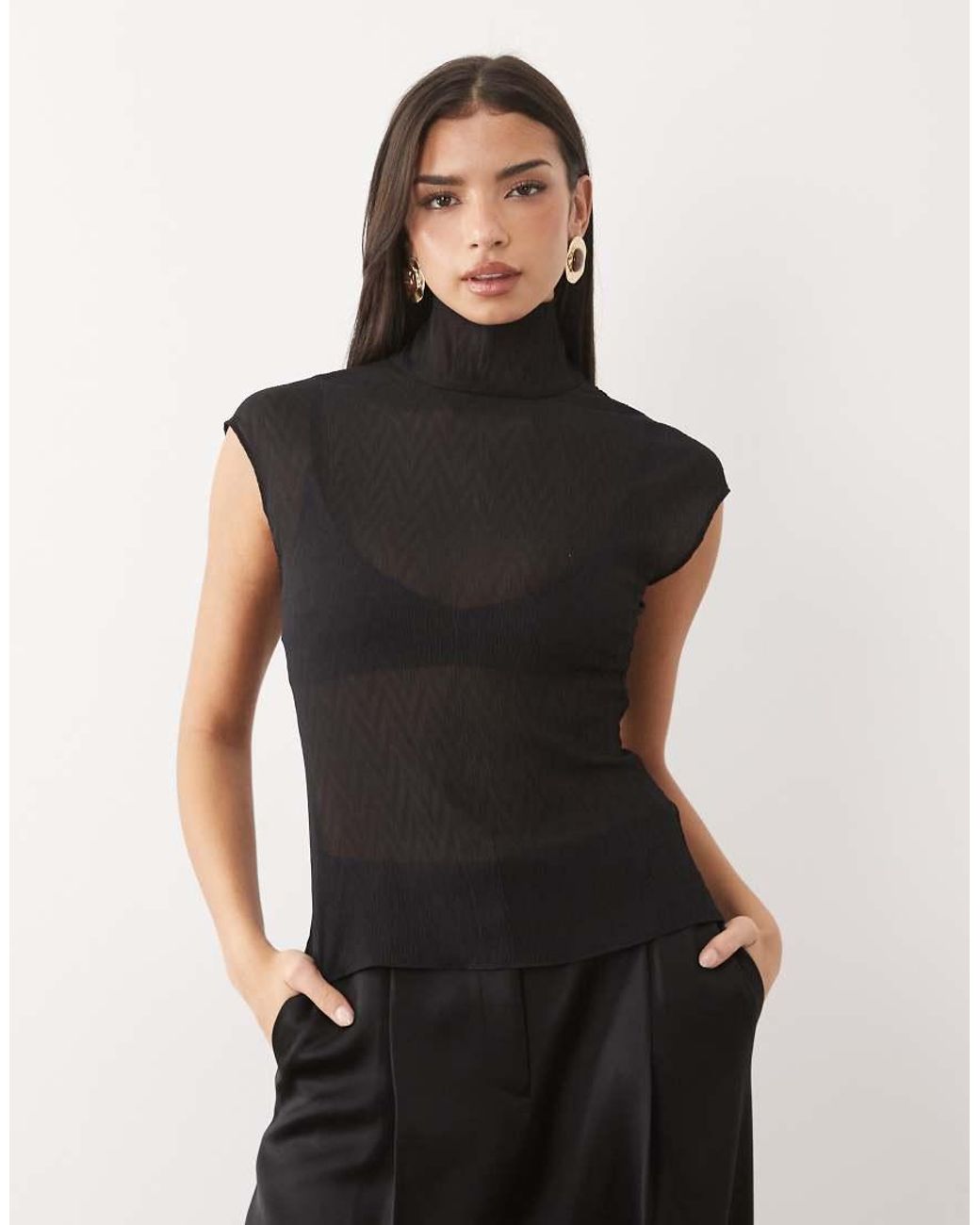 ASOS Black Chiffon Plisse Funnel Neck Blouse