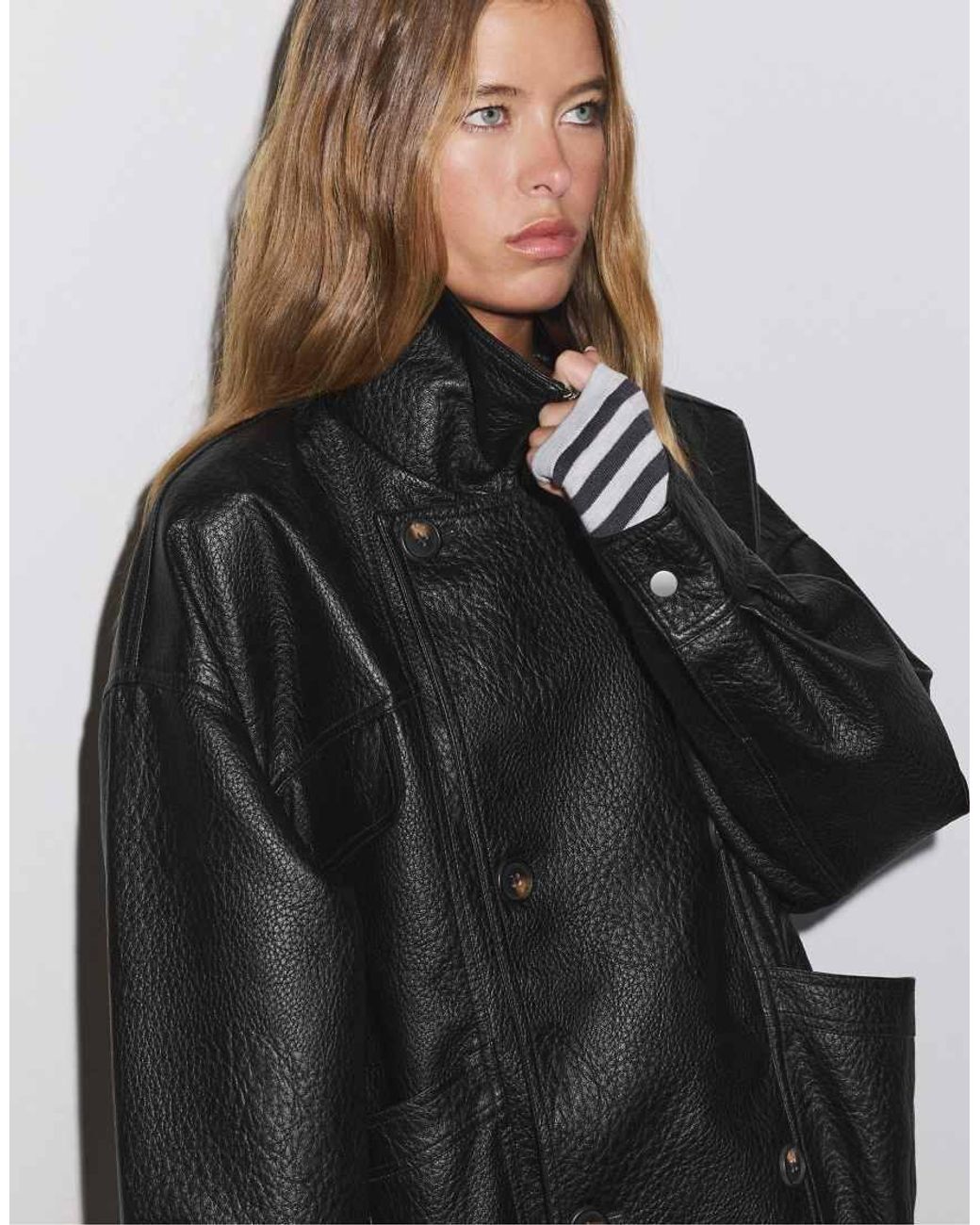 Stradivarius Black Oversize Leather Effect Jacket