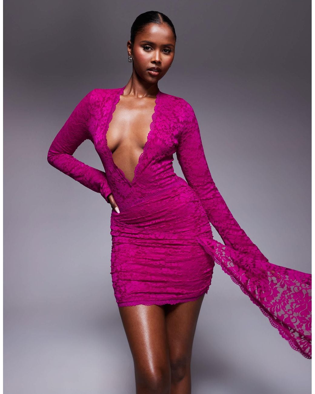Murci Plunge Neck Drape Side Long Sleeve Lace Mini Dress in Pink | Lyst  Canada