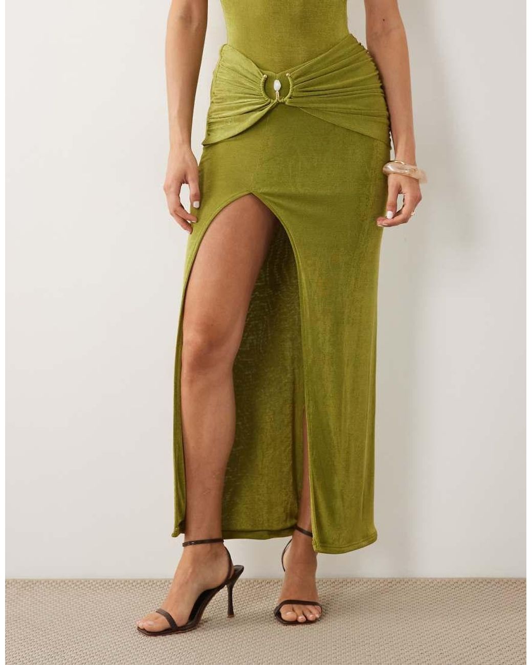 Ruched & Ready Green Ruched & Ready Textured Slinky Drape Waist Gold Hardware Split Front Maxi Skirt
