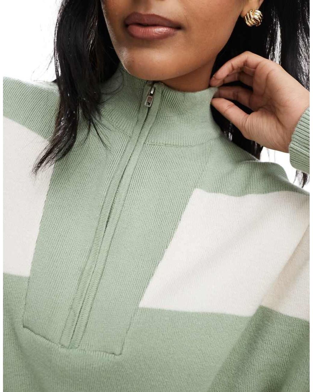 Brave Soul Green Striped Half Zip Knitted Jumper