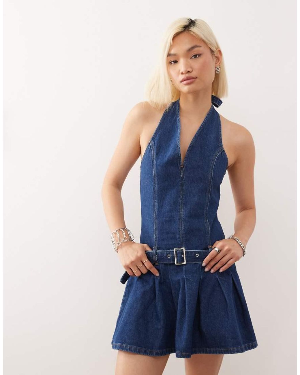 Collusion Blue 90s Denim Halter Mini Dress With Belt