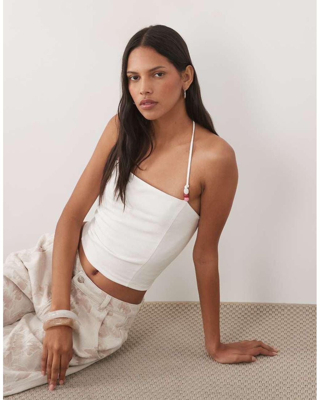 Mango White Teen Strappy Beaded Cami Top