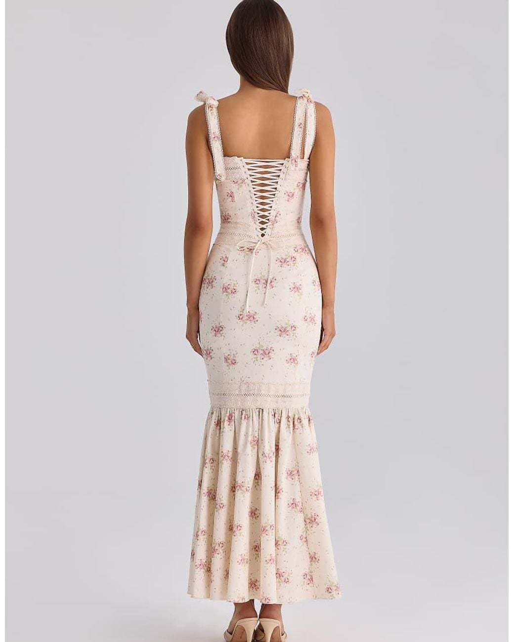 House Of Cb Natural Alessina Ivory Vintage Rose Print Cotton + Lace Maxi Dress