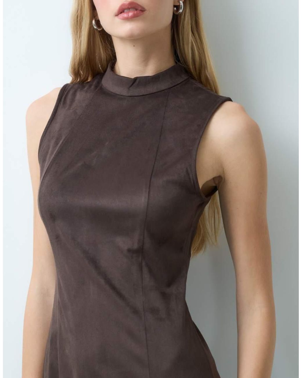 Vila Brown High Neck Faux Suede Maxi Dress